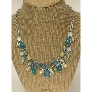 Green Jewel Toned Bezel Bib Statement Necklace Lightweight Silver Tone